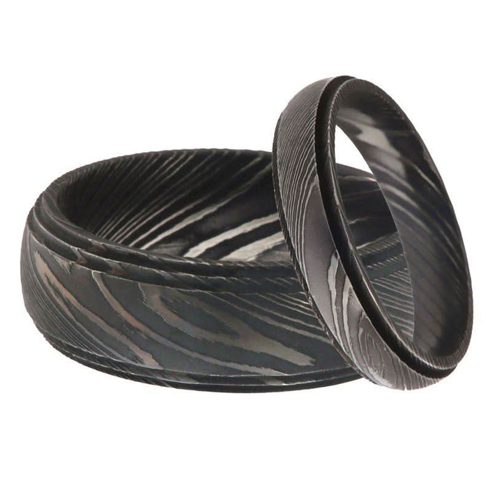 Damascus Steel Wedding Ring Set for Couples Black Pattern Wedding Bands