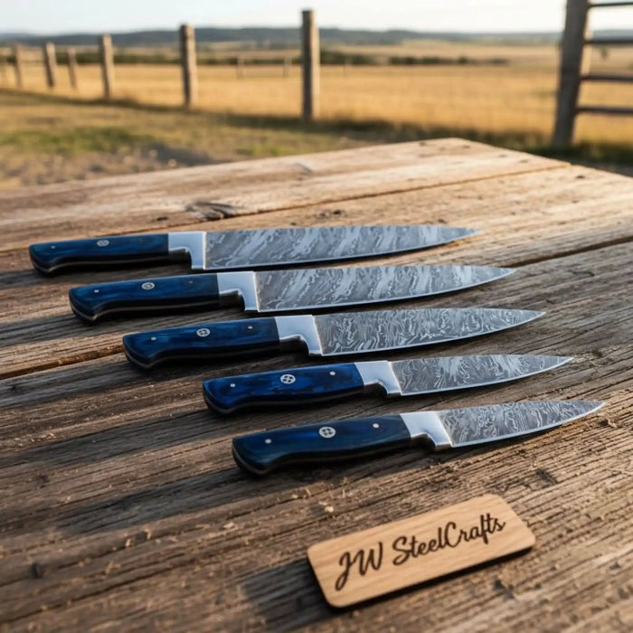 5 Piece Damascus Sujihiki Slicing Knife Set – Fire Pattern Steel, Blue Pakka Wood Handles, Full Tang Roast Carvers
