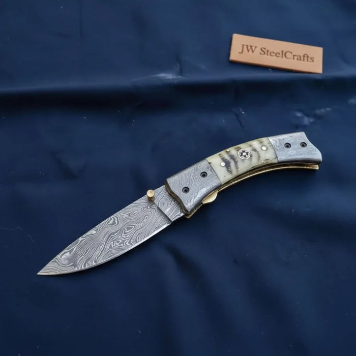 Handmade Damascus Steel Folding Knife with Natural Bone Handle – Custom Pocket Knife