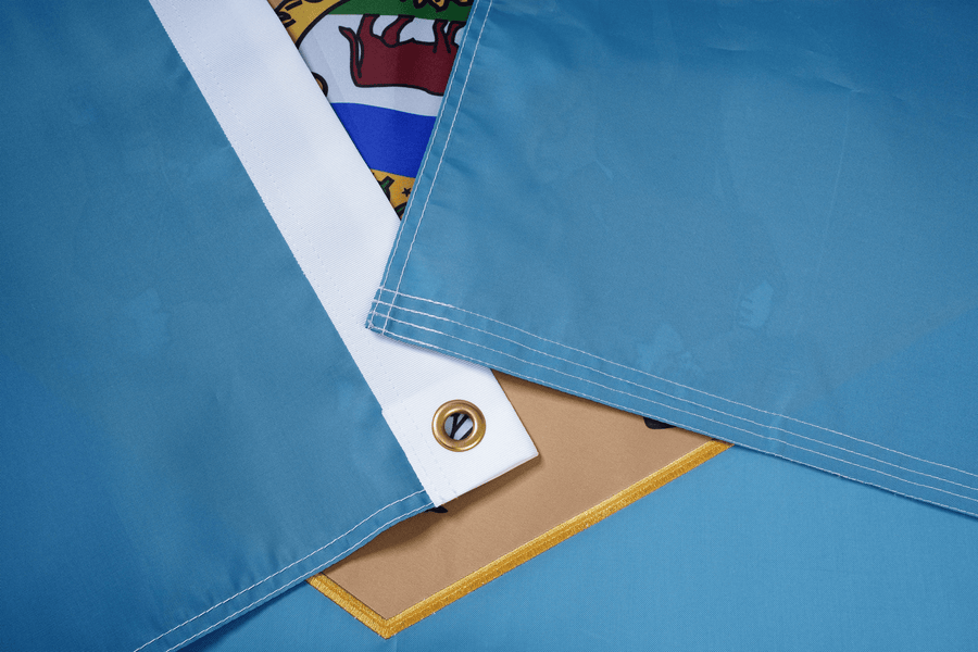 Delaware State Flag fabric, white heading, and brass-tone grommet