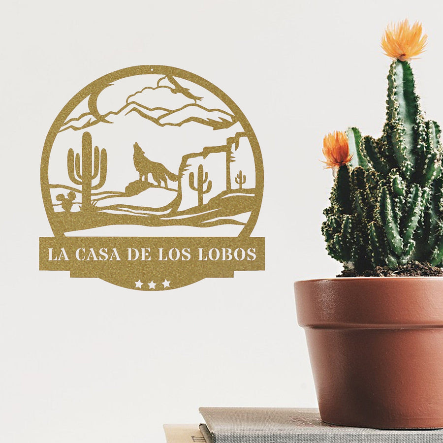 Desert Cactus with Wolf Customizable Metal Sign