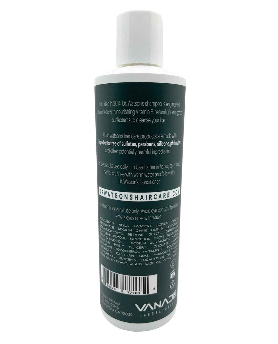 Back label of Dr. Watson's original shampoo bottle