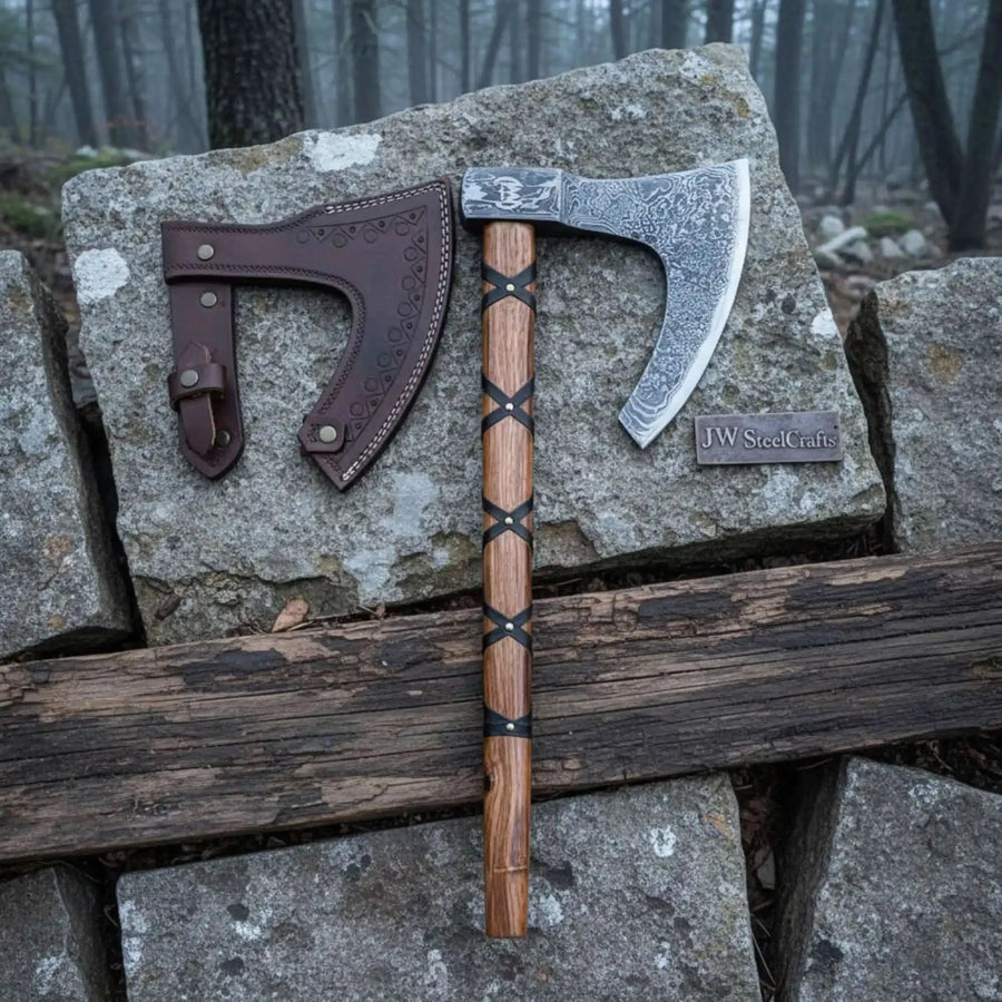 Handmade Damascus Skeggøx Bearded Axe with Leather Wrap and Sheath