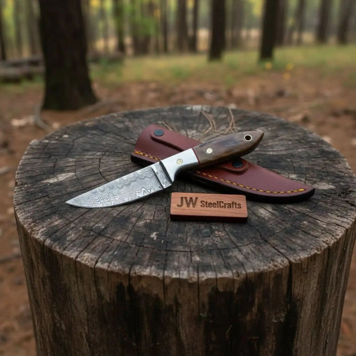 Small Damascus Utility Knife – Rosewood Handle With Leather Sheath