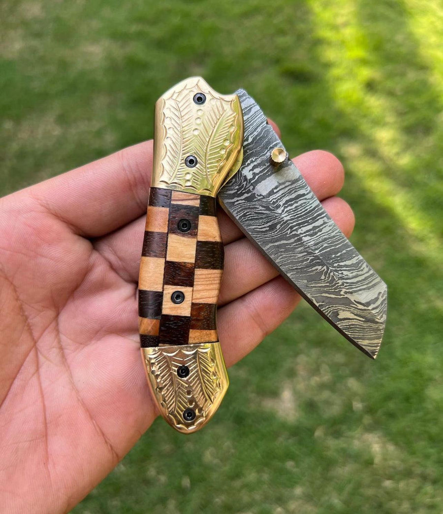 Custom Handmade Damascus steel Tanto Blade EDC Folding Pocket Knife