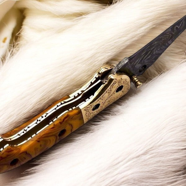 Custom Handmade Damascus Pocket Knife with Epoxy Resin Handle