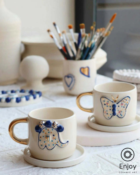 Elephant Abundance: Handmade Ceramic Espresso Cup Set with Gold Handle & Saucer, 5.4 oz - Perfect Elephant Lover Gift, Starbucks Inspired Elephant Coffee Cup