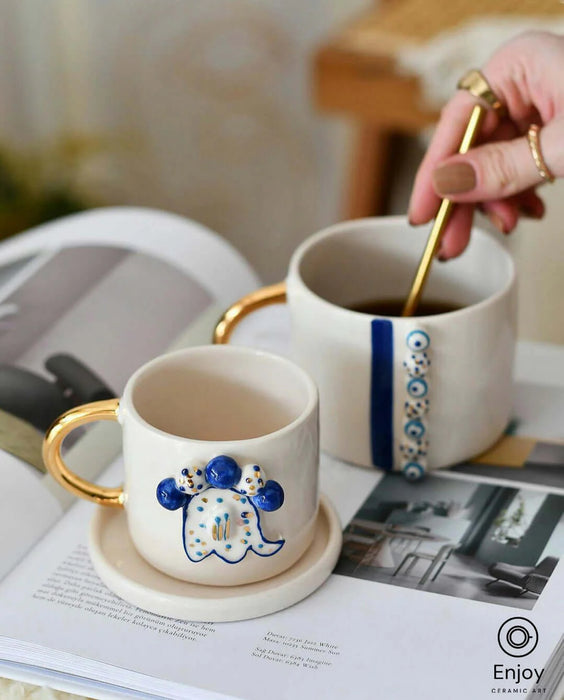 Elephant Abundance: Handmade Ceramic Espresso Cup Set with Gold Handle & Saucer, 5.4 oz - Perfect Elephant Lover Gift, Starbucks Inspired Elephant Coffee Cup