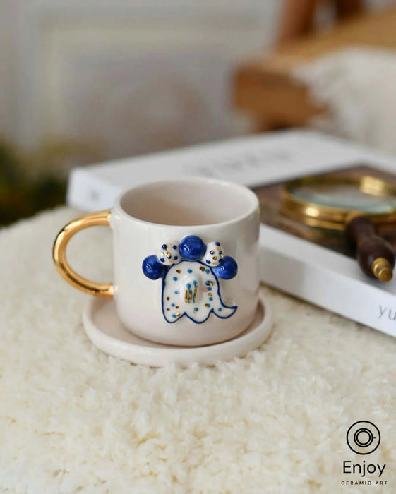 Elephant Abundance: Handmade Ceramic Espresso Cup Set with Gold Handle & Saucer, 5.4 oz - Perfect Elephant Lover Gift, Starbucks Inspired Elephant Coffee Cup