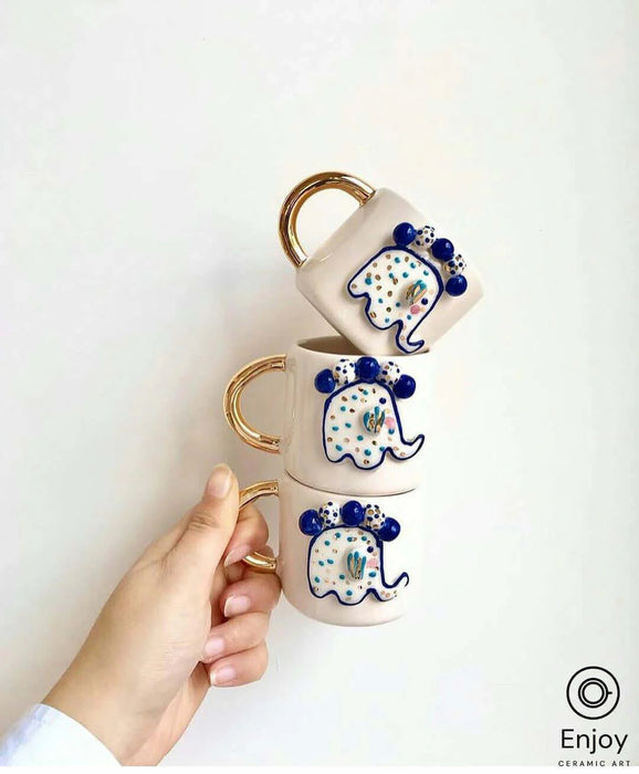 Elephant Abundance: Handmade Ceramic Espresso Cup Set with Gold Handle & Saucer, 5.4 oz - Perfect Elephant Lover Gift, Starbucks Inspired Elephant Coffee Cup