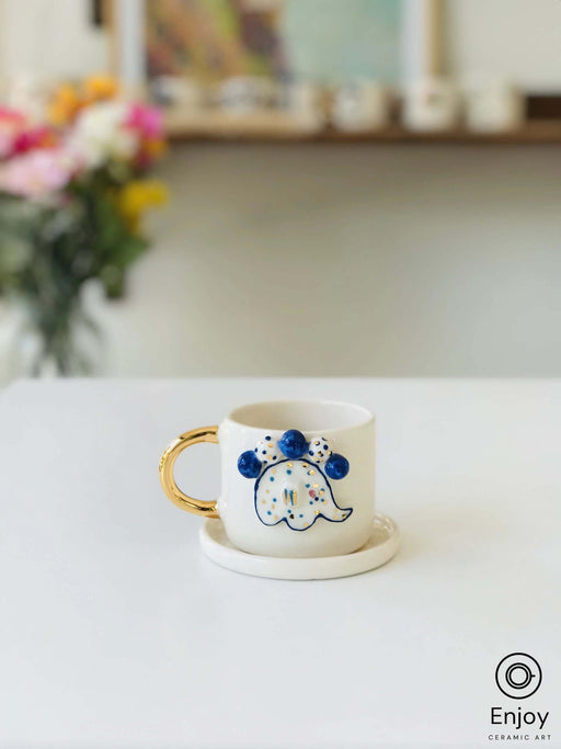 Elephant Abundance: Handmade Ceramic Espresso Cup Set with Gold Handle & Saucer, 5.4 oz - Perfect Elephant Lover Gift, Starbucks Inspired Elephant Coffee Cup