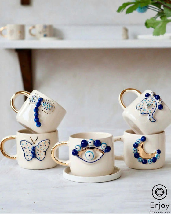Elephant Abundance: Handmade Ceramic Espresso Cup Set with Gold Handle & Saucer, 5.4 oz - Perfect Elephant Lover Gift, Starbucks Inspired Elephant Coffee Cup