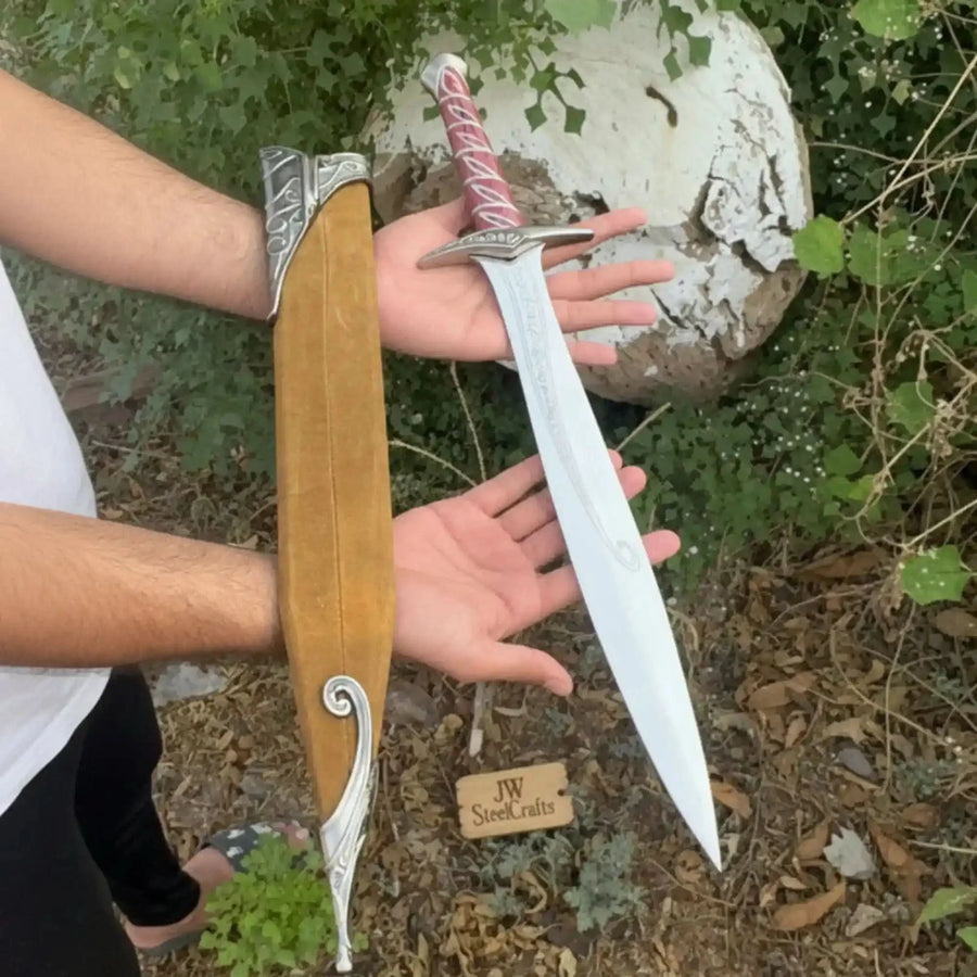 Handmade Elven inspired short sword replica with Reddish Wood Grip and Wooden Sheath
