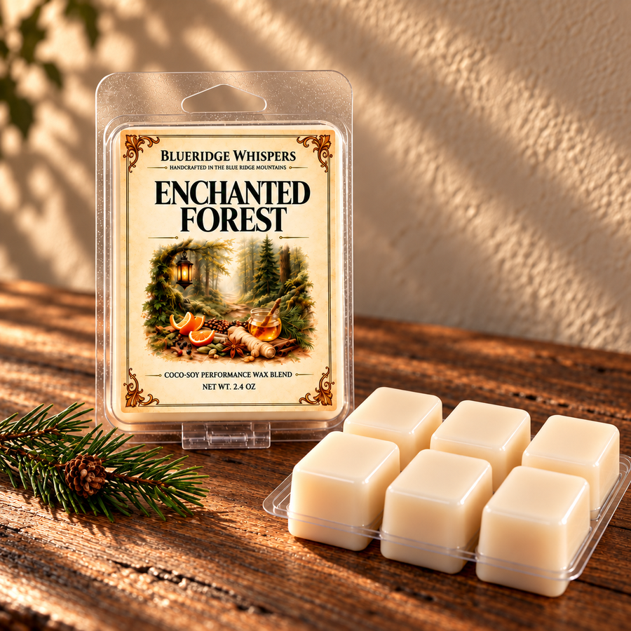 Enchanted Forest labeled clamshell and six wax cubes beside evergreen sprigs and orange slices