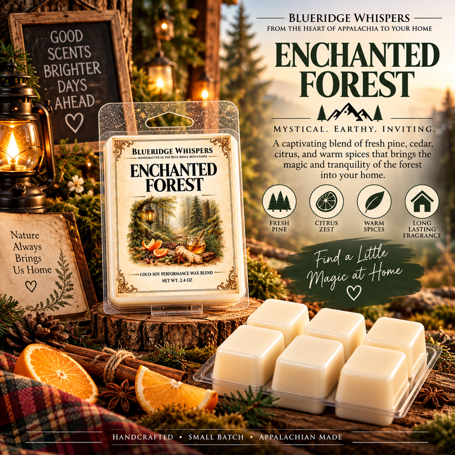 Enchanted Forest wax melt pack and cubes with citrus, evergreen sprigs, and a woodland scent display