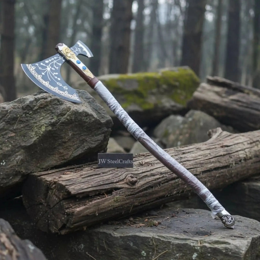 Hand Forged Viking Fantasy Double-Bit Axe with Norse Engraving, Gold Handle Fittings and Blue Gemstone Inlays