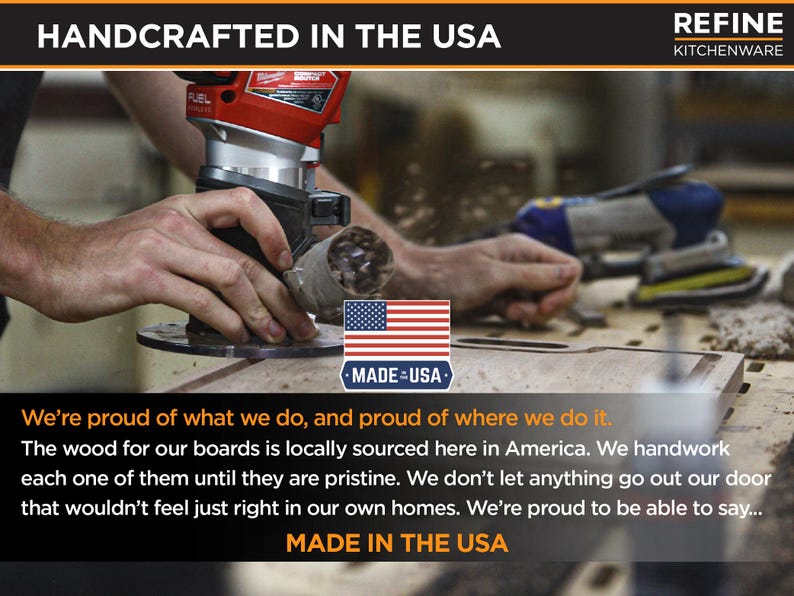Refine Kitchenware woodworking graphic with a handcrafted-in-USA caption