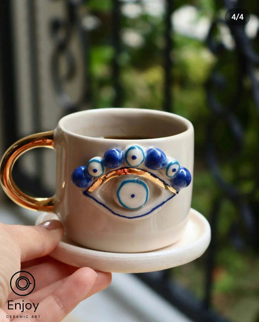 Evil Eye Protection: Handmade Ceramic Espresso Cup & Saucer Set, 5.4 oz - Turkish Evil Eye Espresso Cups, Starbucks Inspired Coffee Mug with Gold Handle