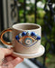 Evil Eye Protection: Handmade Ceramic Espresso Cup & Saucer Set, 5.4 oz - Turkish Evil Eye Espresso Cups, Starbucks Inspired Coffee Mug with Gold Handle