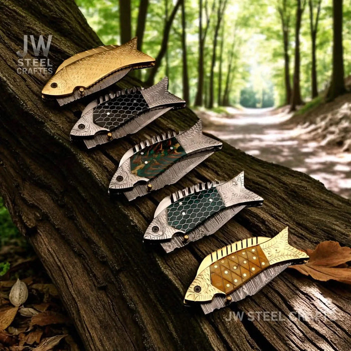 Fish-Style Damascus Folding Knife | 5 Color Variants | Hand-Engraved Collectible