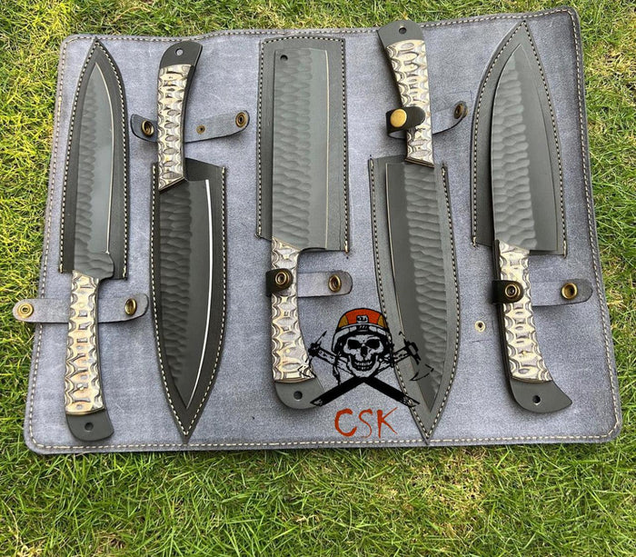 5 pieces custom made d2 steel Black coated chef knives set