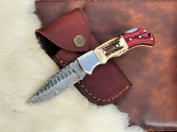 Handmade Damascus Pocket Knife – Stag & Pakka Wood
