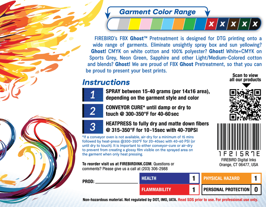 Back label and application instructions for FBX Ghost DTG pretreatment