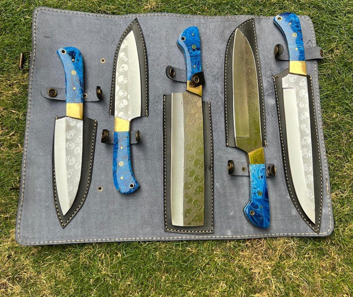 5 pieces Custom made D2 steel laser Etched Blades chef knives set