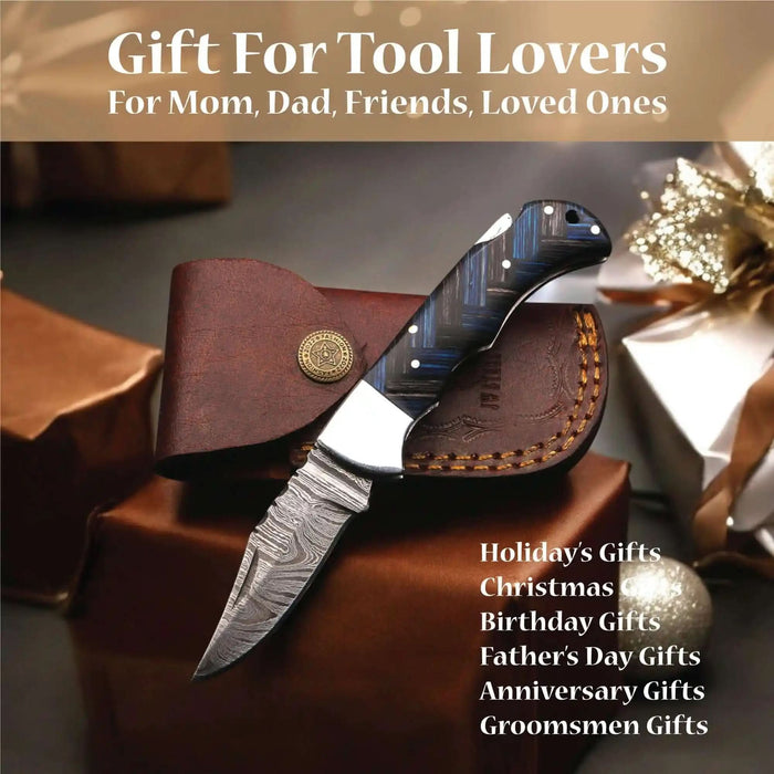 Handmade Damascus Folding Knife with Pakka Wood and File Work Spine