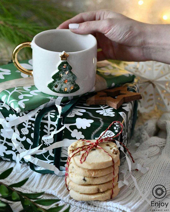 Handcrafted Christmas Tree Ceramic Coffee Mug - 10oz with Luxurious Gold Handle