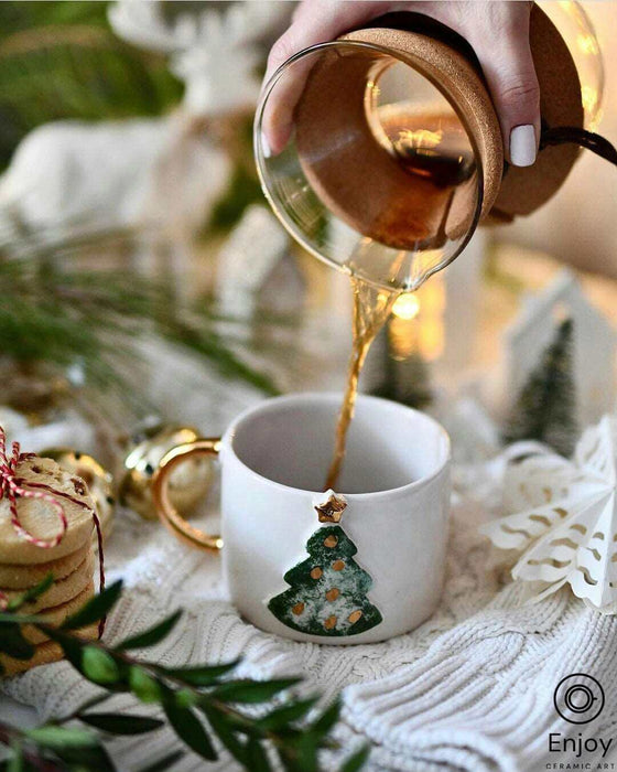 Handcrafted Christmas Tree Ceramic Coffee Mug - 10oz with Luxurious Gold Handle