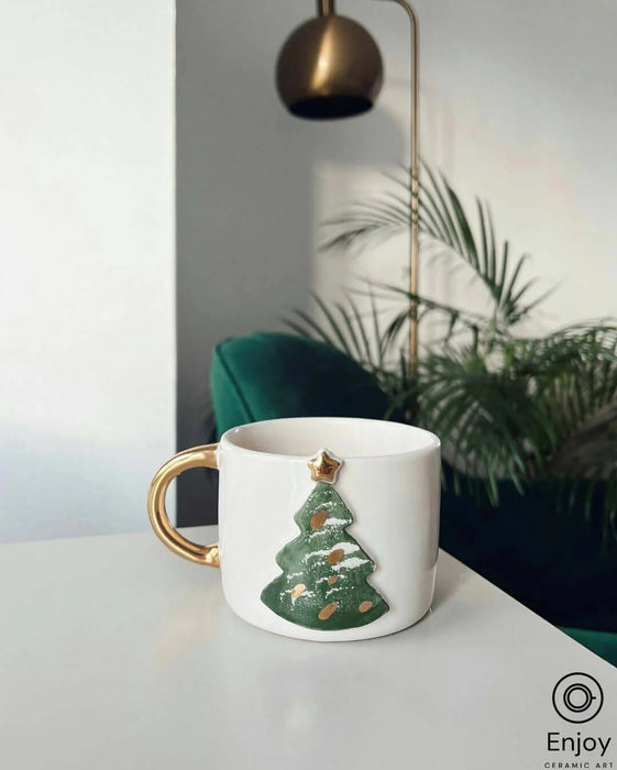 Handcrafted Christmas Tree Ceramic Coffee Mug - 10oz with Luxurious Gold Handle