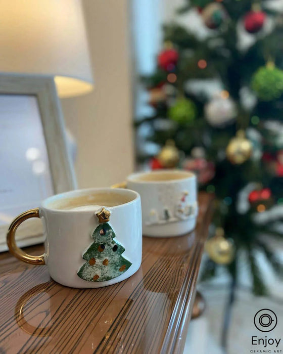 Handcrafted Christmas Tree Ceramic Coffee Mug - 10oz with Luxurious Gold Handle