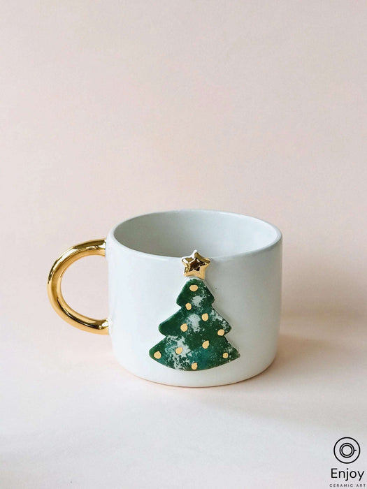 Handcrafted Christmas Tree Ceramic Coffee Mug - 10oz with Luxurious Gold Handle