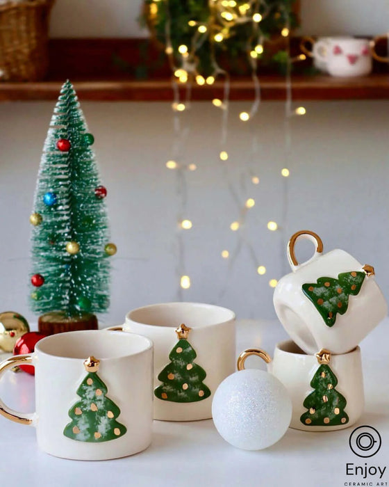 Handcrafted Christmas Tree Ceramic Coffee Mug - 10oz with Luxurious Gold Handle