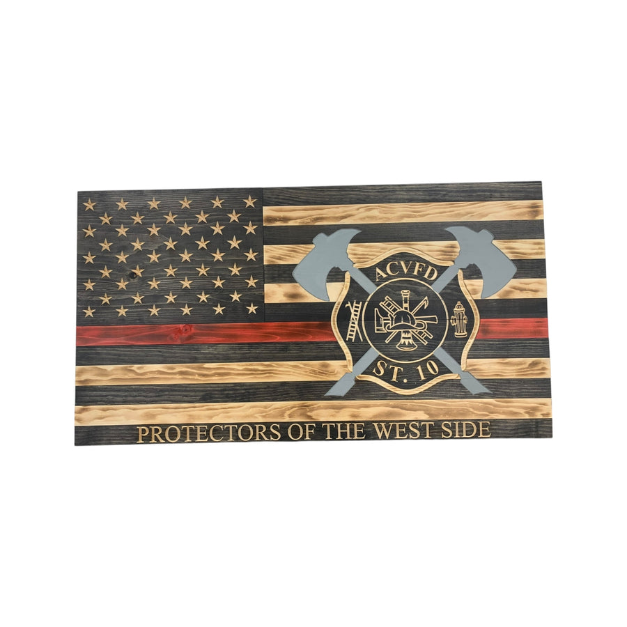 Made in USA Thin Red Line firefighter wooden flag with Maltese Cross and axes
