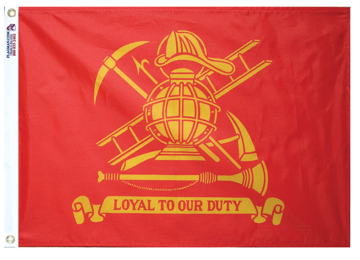 Loyal to Our Duty firefighter flag with gold fire service emblem, 3 x 5 ft, Made in USA