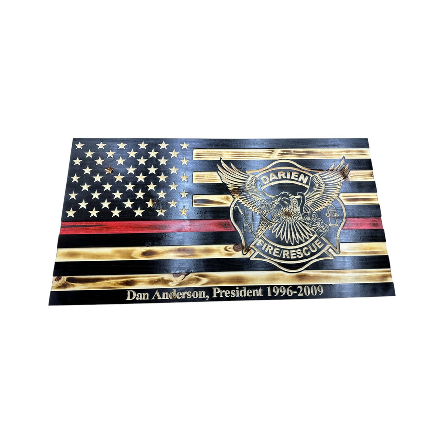 Custom firefighter wooden American flag with Thin Red Line, department emblem and personalized service text