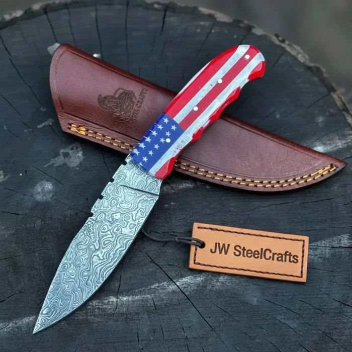 Damascus Steel USA Flag Handle Knife — 5-Inch Raindrop, & Leather Sheath