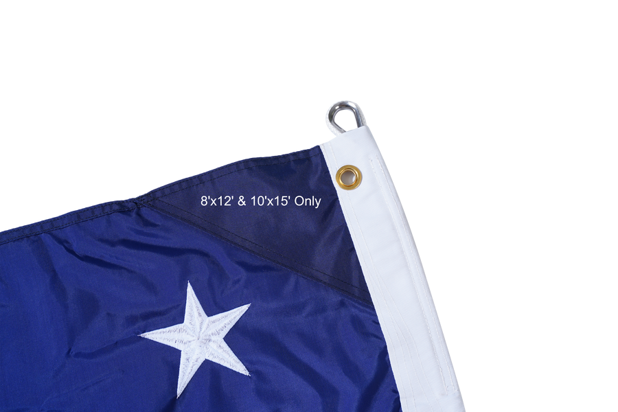 Large American flag heading with multiple grommets and size note