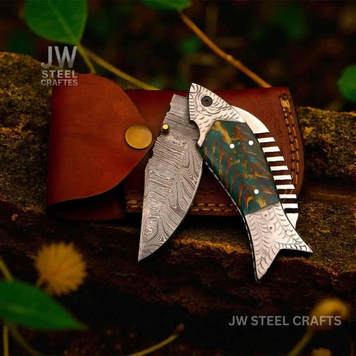 Handmade Damascus Folding Knife with Green Pinecone Resin Handle