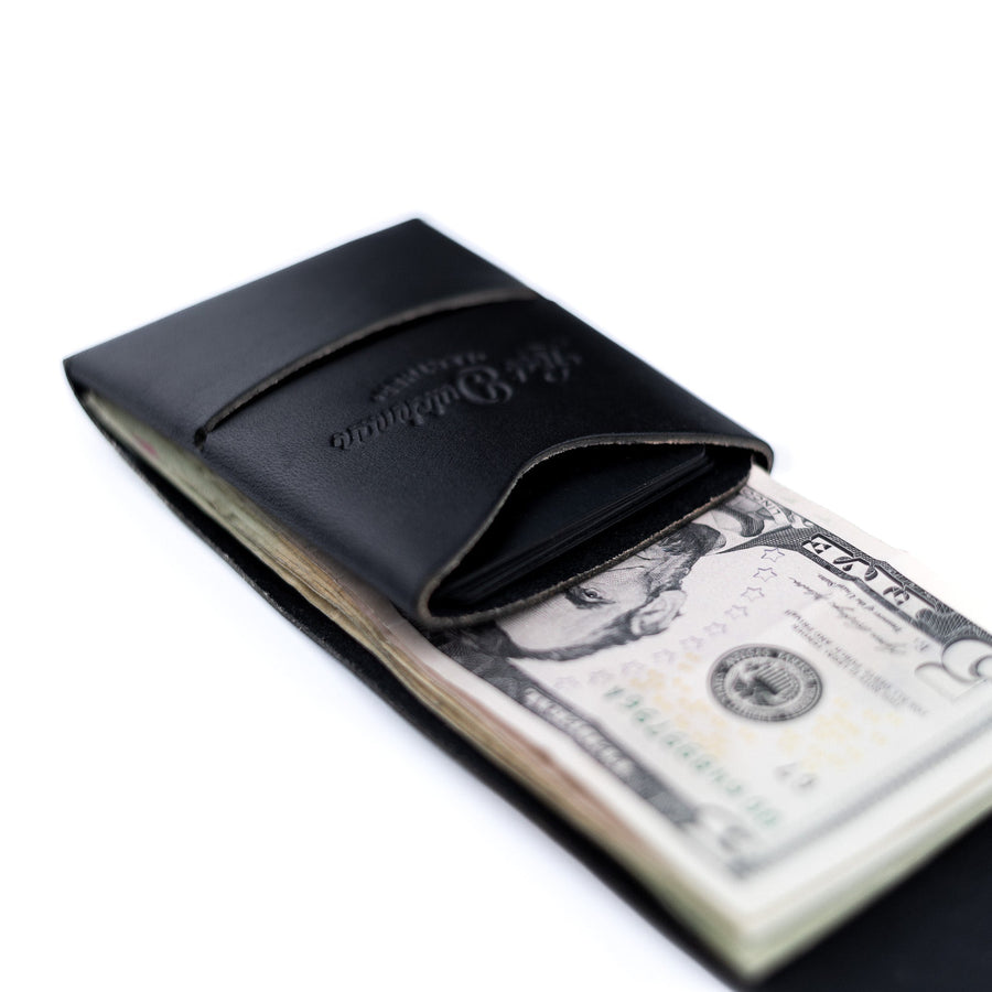 Black Franklin 2 leather wallet, angled detail of the cash opening
