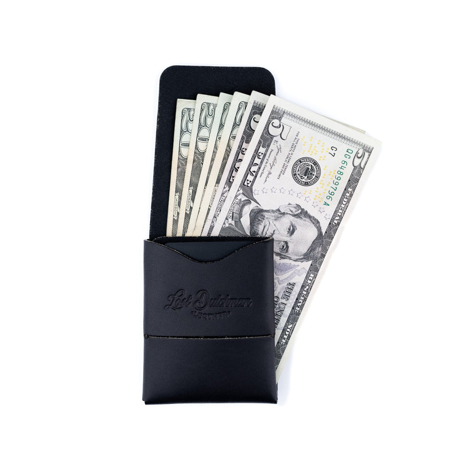 Black Franklin 2 leather wallet, open cash pocket with fanned U.S. bills