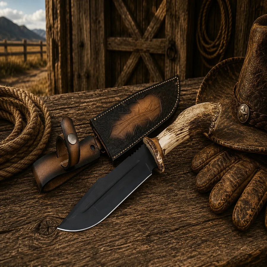 Frontier Hunter Bowie Knife – D2 Acid Etched Antler Handle