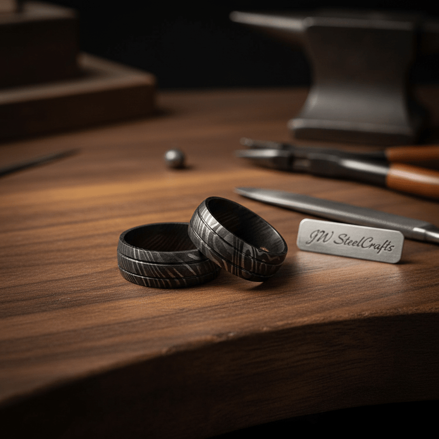 Black Damascus Steel Wedding Ring Set Double Groove Couple Bands