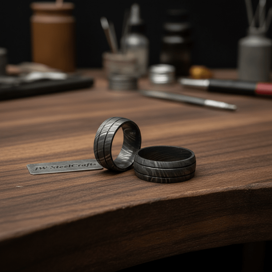 Black Damascus Steel Wedding Ring Set Double Groove Couple Bands