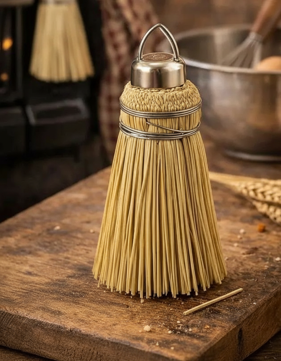 Broomcorn cake tester with a metal cap on a kitchen work surface