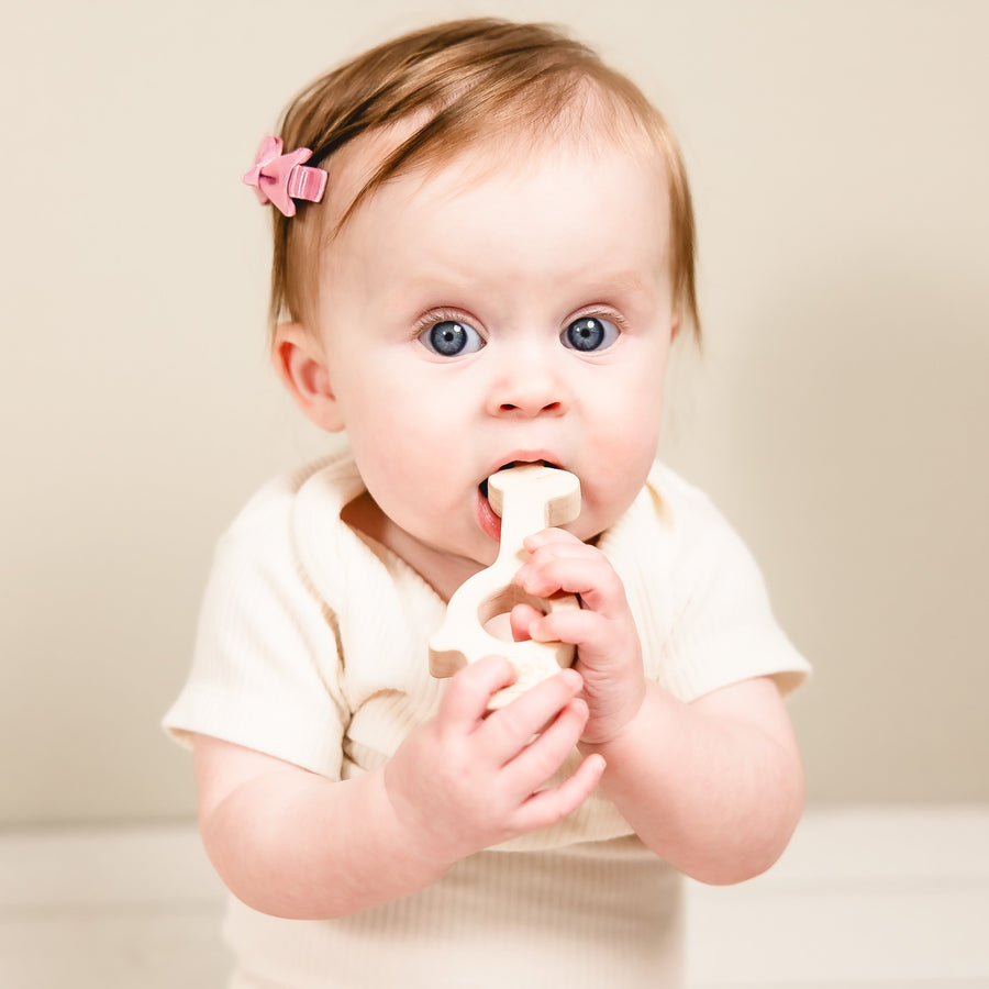 Baby holding a wooden animal-shaped teether
