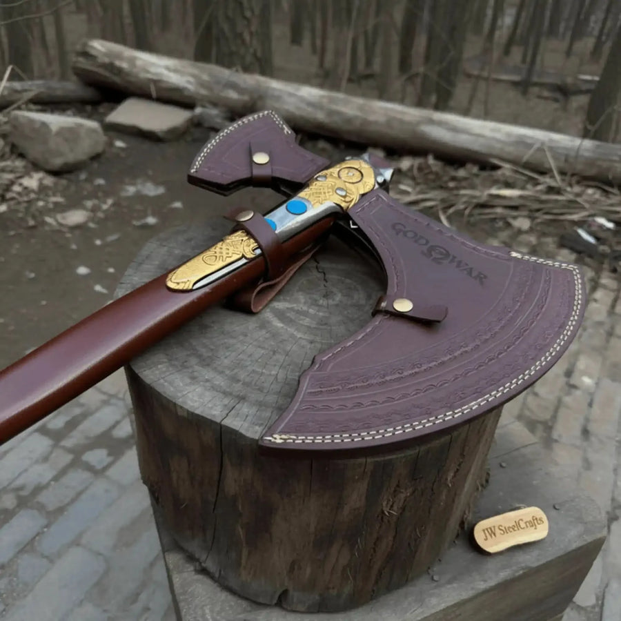 Hand Forged Viking Fantasy Double-Bit Axe with Norse Engraving, Gold Handle Fittings and Blue Gemstone Inlays