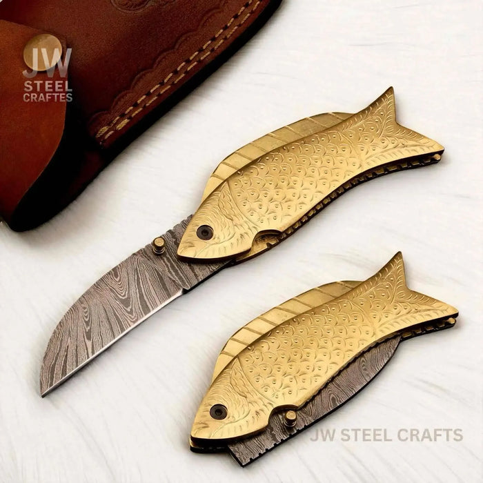 Handmade Damascus Steel Folding Knife with Engraved Brass Fish Handle
